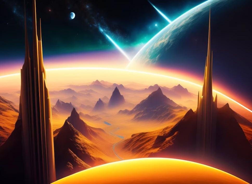 two 3D orange and blue planets with mountains and a blue star