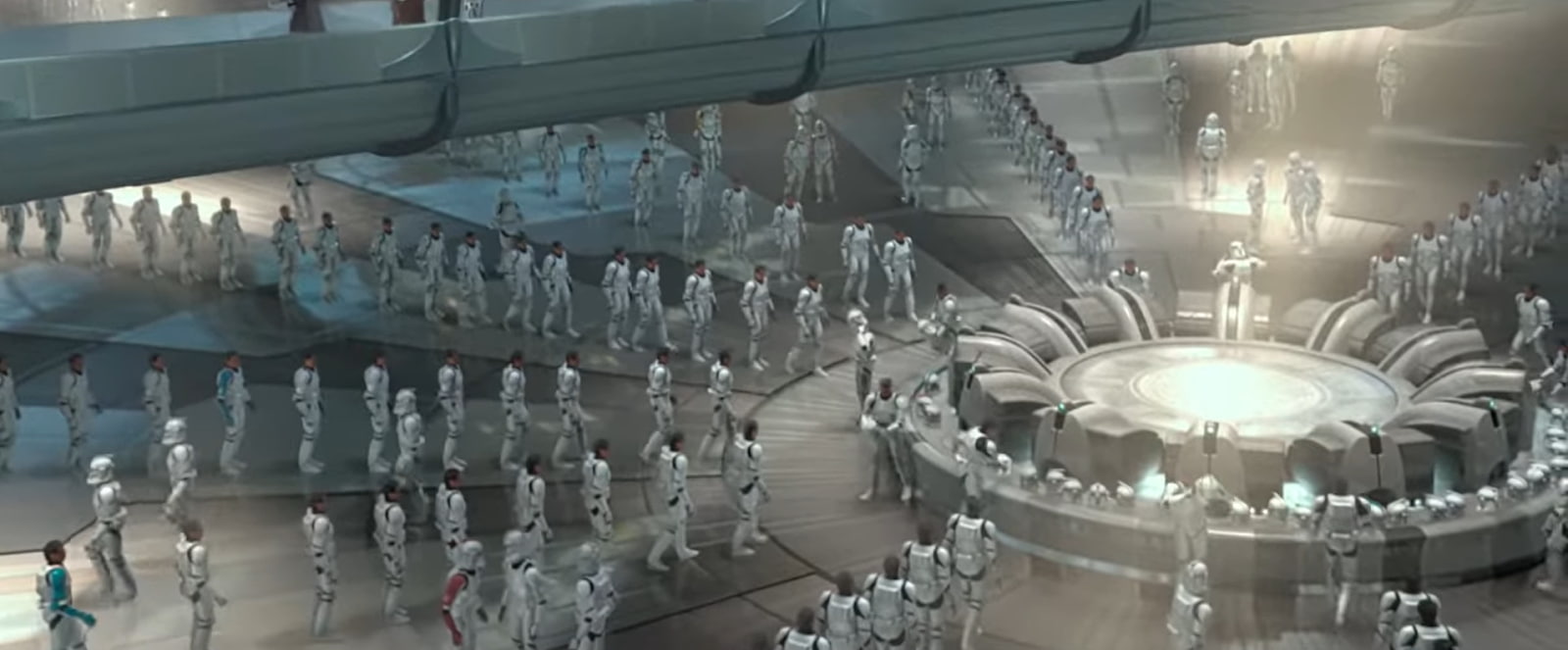 clones in a blue bulbes in a futuristic room in star wars film