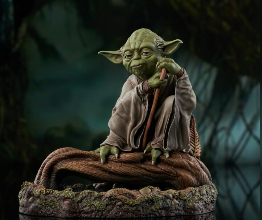 Master Yoda meditating on a tree stump in a mystical forest