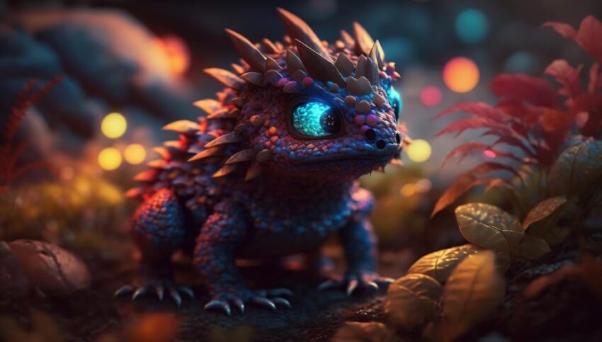 a fantastic dragon-like baby creature in a magical forest